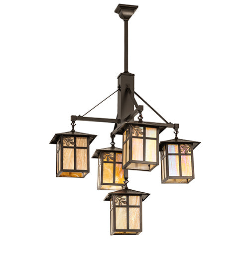 Meyda Lighting Seneca 32" 5-Light Craftsman Brown Sprig Chandelier With Beige Iridescent Shade Glass