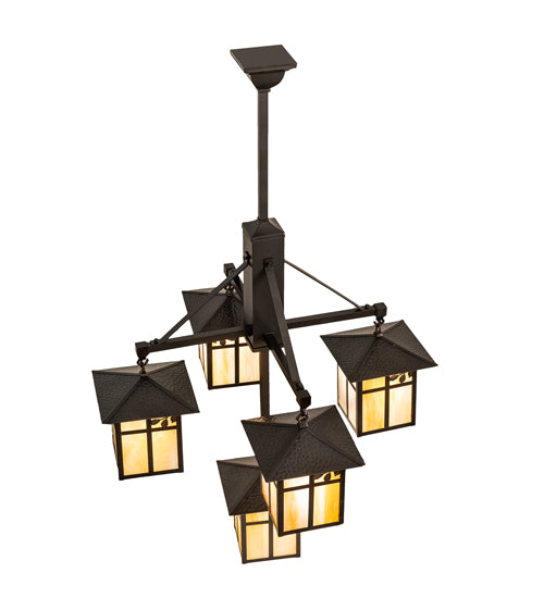 Meyda Lighting Seneca 32" 5-Light Craftsman Brown Sprig Chandelier With Beige Iridescent Shade Glass