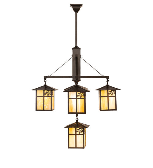 Meyda Lighting Seneca 32" 5-Light Craftsman Brown Sprig Chandelier With Beige Iridescent Shade Glass