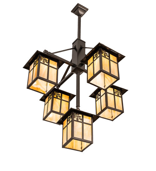 Meyda Lighting Seneca 32" 5-Light Craftsman Brown Sprig Chandelier With Beige Iridescent Shade Glass