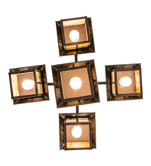 Meyda Lighting Seneca 32" 5-Light Craftsman Brown Sprig Chandelier With Beige Iridescent Shade Glass