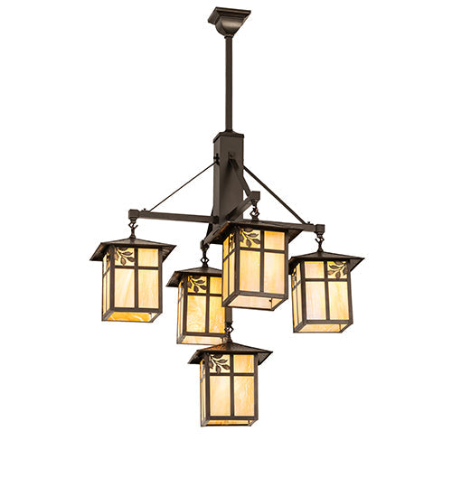 Meyda Lighting Seneca 32" 5-Light Craftsman Brown Sprig Chandelier With Beige Iridescent Shade Glass