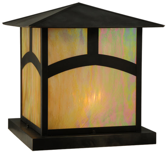 Meyda Lighting Seneca 34" 4-Light Craftsman Brown Hill Top Outdoor Pier Mount Light With Beige Iridescent Art Shade Glass