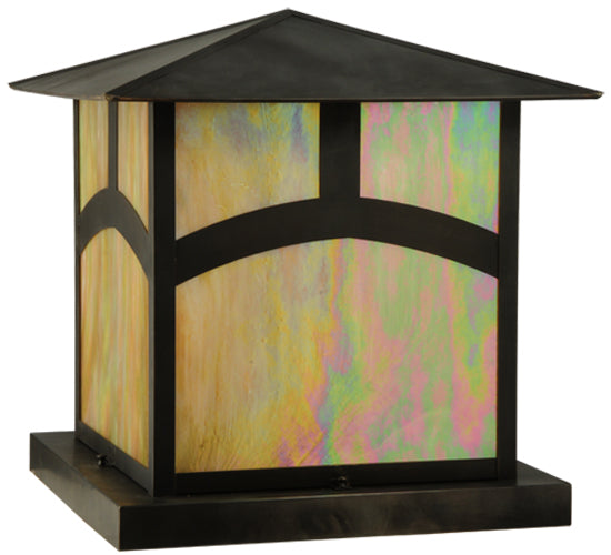 Meyda Lighting Seneca 34" 4-Light Craftsman Brown Hill Top Outdoor Pier Mount Light With Beige Iridescent Art Shade Glass