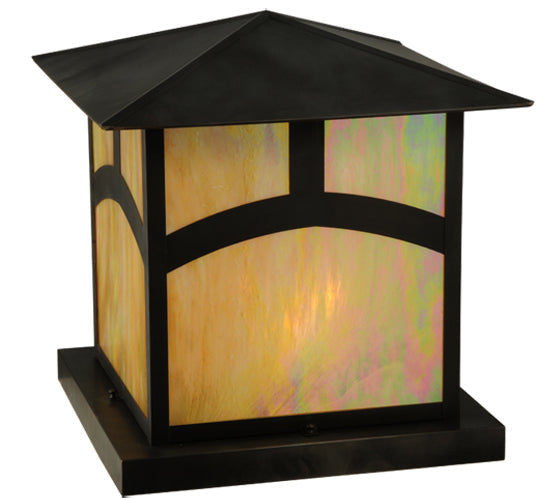 Meyda Lighting Seneca 34" 4-Light Craftsman Brown Hill Top Outdoor Pier Mount Light With Beige Iridescent Art Shade Glass
