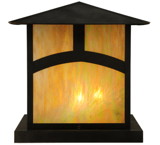 Meyda Lighting Seneca 34" 4-Light Craftsman Brown Hill Top Outdoor Pier Mount Light With Beige Iridescent Art Shade Glass