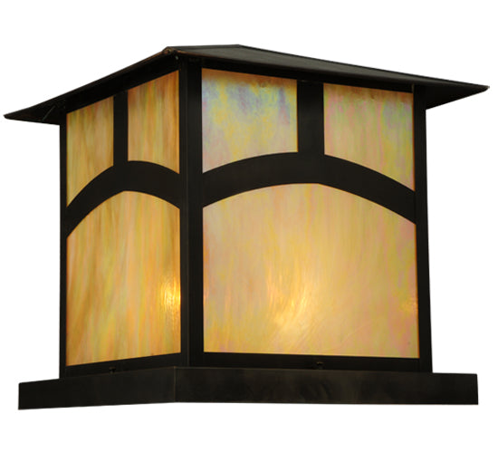 Meyda Lighting Seneca 34" 4-Light Craftsman Brown Hill Top Outdoor Pier Mount Light With Beige Iridescent Art Shade Glass