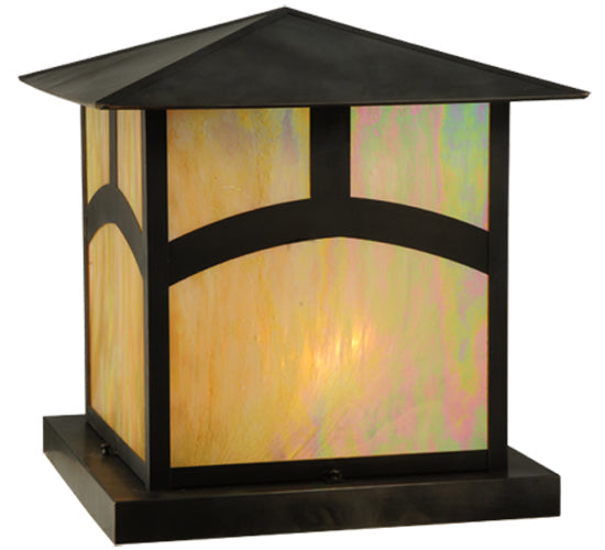 Meyda Lighting Seneca 34" 4-Light Craftsman Brown Hill Top Outdoor Pier Mount Light With Beige Iridescent Art Shade Glass