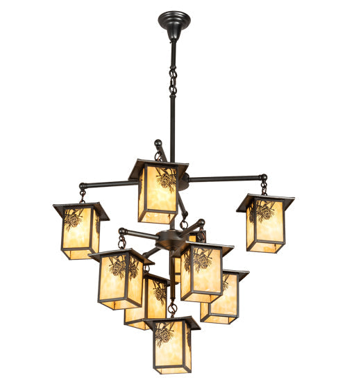 Meyda Lighting Seneca 34" 9-Light Craftsman Brown Winter Pine Chandelier With Beige Shade Glass