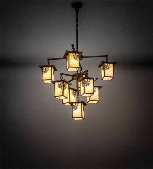 Meyda Lighting Seneca 34" 9-Light Craftsman Brown Winter Pine Chandelier With Beige Shade Glass