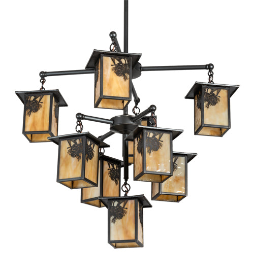 Meyda Lighting Seneca 34" 9-Light Craftsman Brown Winter Pine Chandelier With Beige Shade Glass