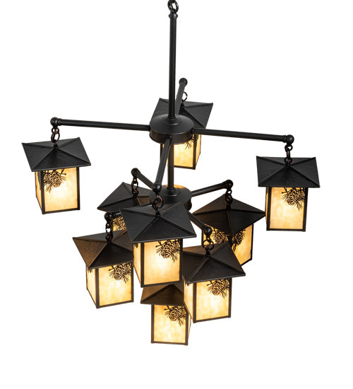 Meyda Lighting Seneca 34" 9-Light Craftsman Brown Winter Pine Chandelier With Beige Shade Glass