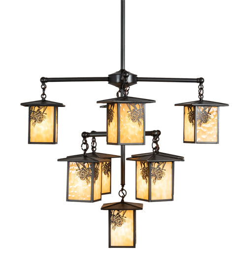 Meyda Lighting Seneca 34" 9-Light Craftsman Brown Winter Pine Chandelier With Beige Shade Glass