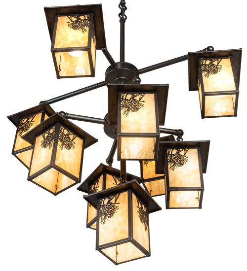 Meyda Lighting Seneca 34" 9-Light Craftsman Brown Winter Pine Chandelier With Beige Shade Glass