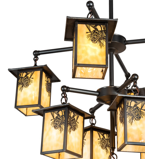 Meyda Lighting Seneca 34" 9-Light Craftsman Brown Winter Pine Chandelier With Beige Shade Glass