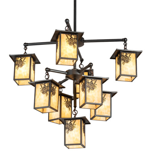 Meyda Lighting Seneca 34" 9-Light Craftsman Brown Winter Pine Chandelier With Beige Shade Glass