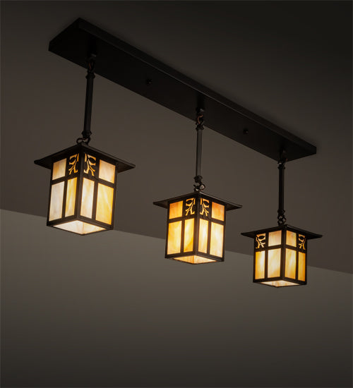 Meyda Lighting Seneca 36" 3-Light Craftsman Brown Sprig Pendant Light With Beige Iridescent Shade Glass