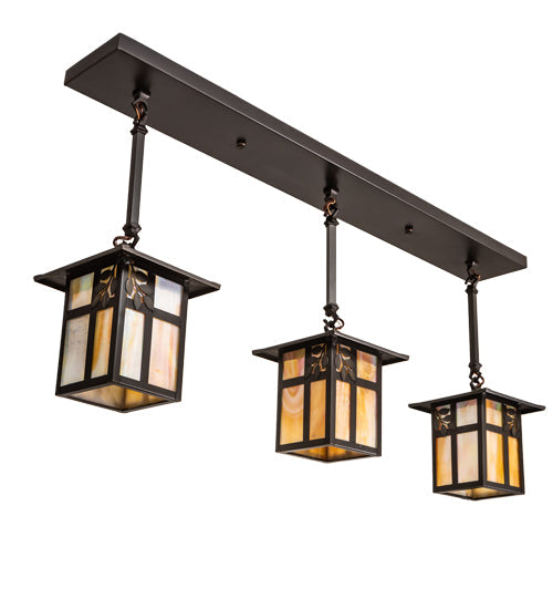 Meyda Lighting Seneca 36" 3-Light Craftsman Brown Sprig Pendant Light With Beige Iridescent Shade Glass