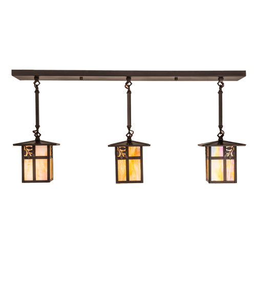 Meyda Lighting Seneca 36" 3-Light Craftsman Brown Sprig Pendant Light With Beige Iridescent Shade Glass