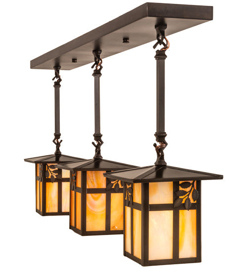 Meyda Lighting Seneca 36" 3-Light Craftsman Brown Sprig Pendant Light With Beige Iridescent Shade Glass