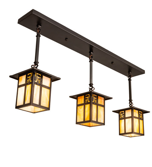Meyda Lighting Seneca 36" 3-Light Craftsman Brown Sprig Pendant Light With Beige Iridescent Shade Glass