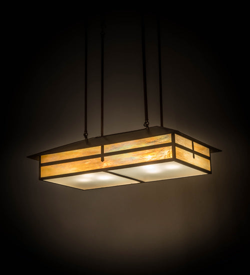 Meyda Lighting Seneca 36" 6-Light Vintage Copper Cross Mission Island Pendant Light With Beige Iridescent Shade Glass