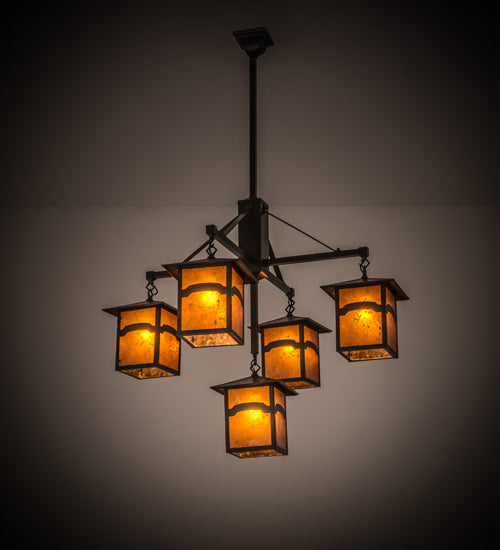 Meyda Lighting Seneca 37" 5-Light Craftsman Brown Mountain View Hanging Lantern Chandelier With Amber Mica Shade Glass