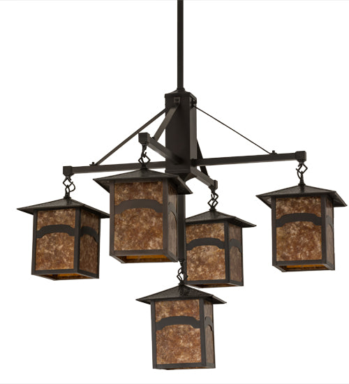 Meyda Lighting Seneca 37" 5-Light Craftsman Brown Mountain View Hanging Lantern Chandelier With Amber Mica Shade Glass