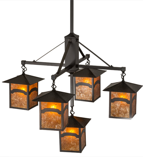 Meyda Lighting Seneca 37" 5-Light Craftsman Brown Mountain View Hanging Lantern Chandelier With Amber Mica Shade Glass