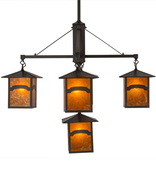 Meyda Lighting Seneca 37" 5-Light Craftsman Brown Mountain View Hanging Lantern Chandelier With Amber Mica Shade Glass