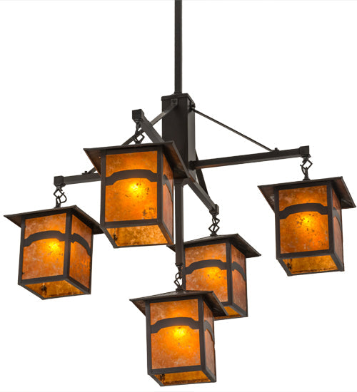 Meyda Lighting Seneca 37" 5-Light Craftsman Brown Mountain View Hanging Lantern Chandelier With Amber Mica Shade Glass