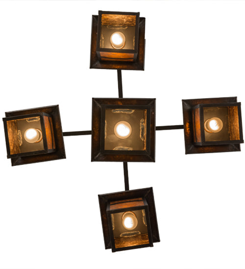 Meyda Lighting Seneca 37" 5-Light Craftsman Brown Mountain View Hanging Lantern Chandelier With Amber Mica Shade Glass