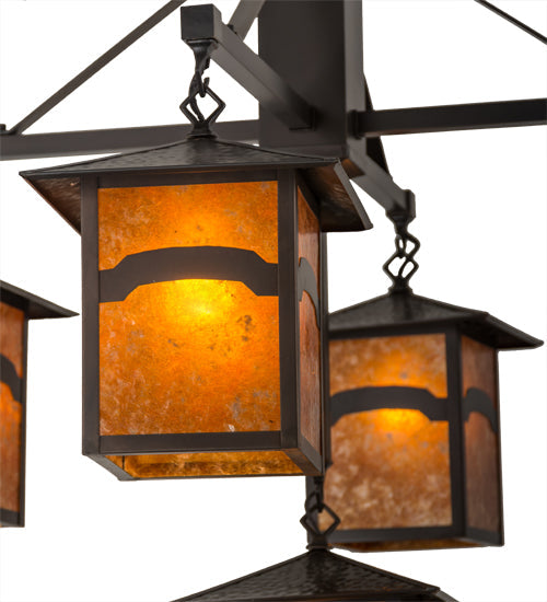 Meyda Lighting Seneca 37" 5-Light Craftsman Brown Mountain View Hanging Lantern Chandelier With Amber Mica Shade Glass