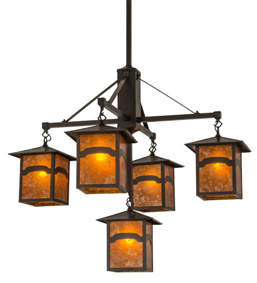 Meyda Lighting Seneca 37" 5-Light Craftsman Brown Mountain View Hanging Lantern Chandelier With Amber Mica Shade Glass