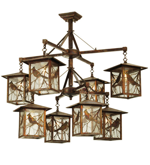 Meyda Lighting Seneca 42" 8-Light Vintage Copper Song Bird Hanging Lantern Chandelier With Clear Shade Glass