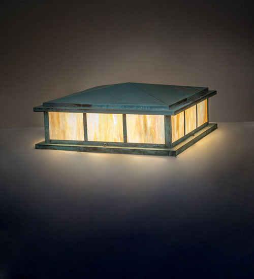 Meyda Lighting Seneca 48" 4-Light Craftsman Verdigris Double Bar Mission Outdoor Pier Mount Light With Beige Iridescent Shade Glass