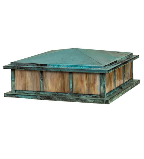 Meyda Lighting Seneca 48" 4-Light Craftsman Verdigris Double Bar Mission Outdoor Pier Mount Light With Beige Iridescent Shade Glass