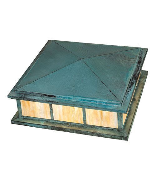Meyda Lighting Seneca 48" 4-Light Craftsman Verdigris Double Bar Mission Outdoor Pier Mount Light With Beige Iridescent Shade Glass