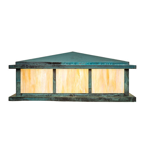 Meyda Lighting Seneca 48" 4-Light Craftsman Verdigris Double Bar Mission Outdoor Pier Mount Light With Beige Iridescent Shade Glass