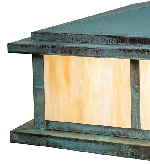 Meyda Lighting Seneca 48" 4-Light Craftsman Verdigris Double Bar Mission Outdoor Pier Mount Light With Beige Iridescent Shade Glass