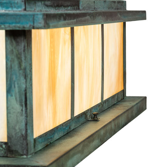 Meyda Lighting Seneca 48" 4-Light Craftsman Verdigris Double Bar Mission Outdoor Pier Mount Light With Beige Iridescent Shade Glass