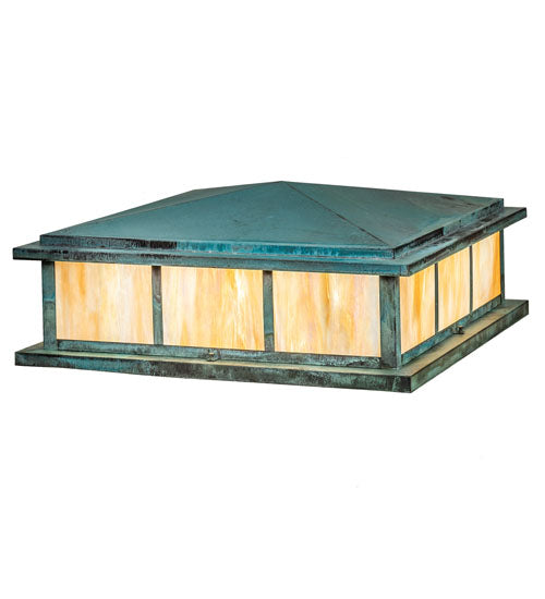 Meyda Lighting Seneca 48" 4-Light Craftsman Verdigris Double Bar Mission Outdoor Pier Mount Light With Beige Iridescent Shade Glass