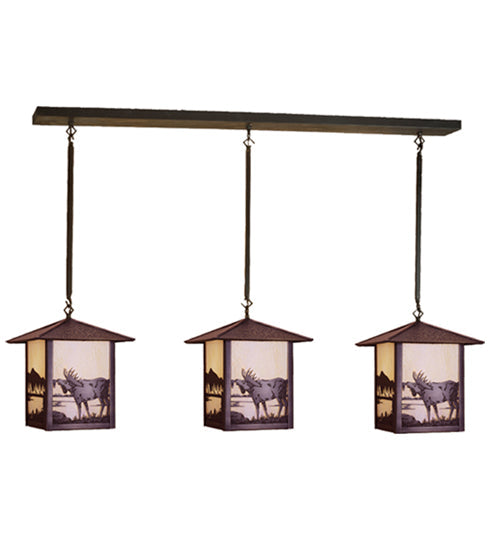 Meyda Lighting Seneca 49" 3-Light Craftsman Brown Moose at Lake Island Pendant Light With Beige Shade Glass
