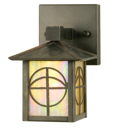Meyda Lighting Seneca 5" Craftsman Brown Circle Cross Solid Mount Wall Sconce With Beige Iridescent Shade Glass