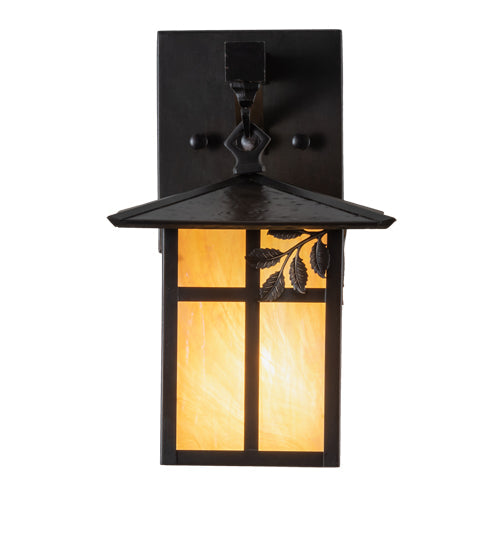 Meyda Lighting Seneca 7" Craftsman Brown Sprig Hanging Wall Sconce With Beige Iridescent Art Shade Glass