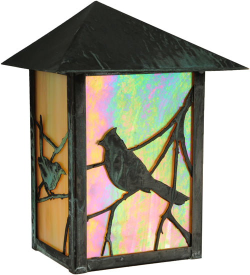 Meyda Lighting Seneca 7" Craftsman Verdi On Brass Song Bird Wall Sconce With Beige Iridescent Art Shade Glass