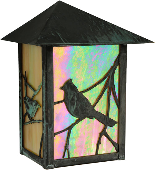 Meyda Lighting Seneca 7" Craftsman Verdi On Brass Song Bird Wall Sconce With Beige Iridescent Art Shade Glass