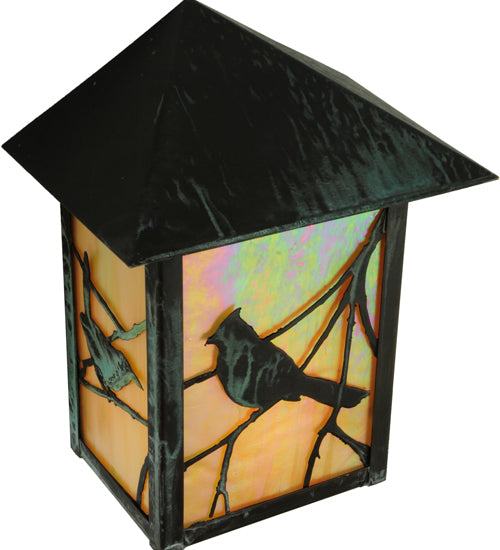 Meyda Lighting Seneca 7" Craftsman Verdi On Brass Song Bird Wall Sconce With Beige Iridescent Art Shade Glass