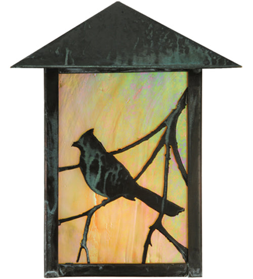 Meyda Lighting Seneca 7" Craftsman Verdi On Brass Song Bird Wall Sconce With Beige Iridescent Art Shade Glass