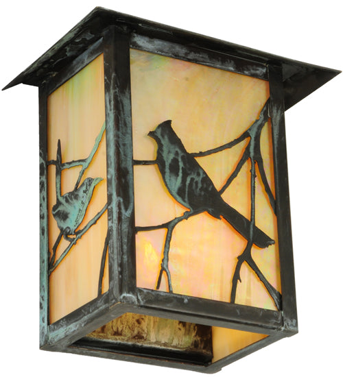 Meyda Lighting Seneca 7" Craftsman Verdi On Brass Song Bird Wall Sconce With Beige Iridescent Art Shade Glass